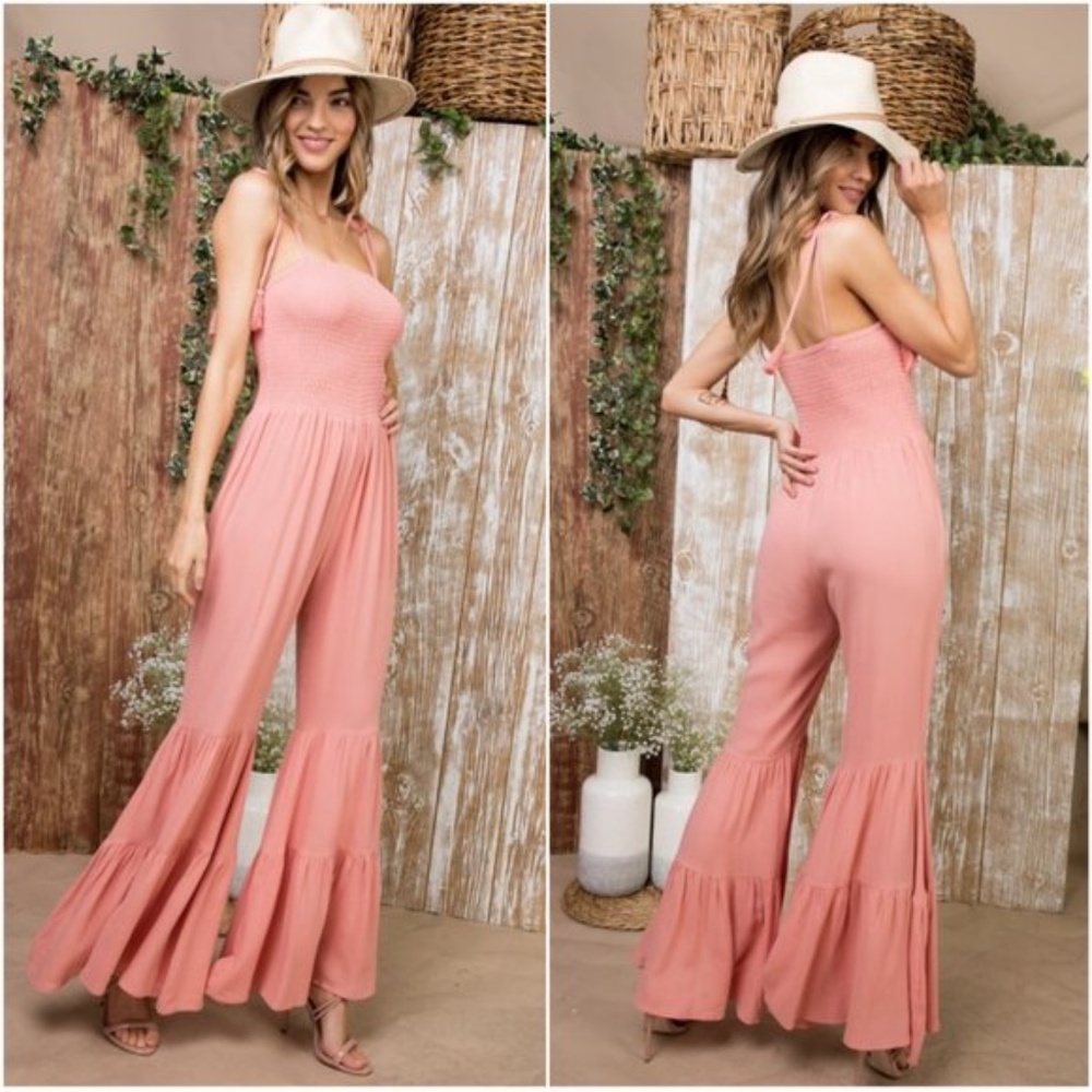 boho shoulder tie wide leg ruffle smock jumpsuit - Picture 4 of 5
